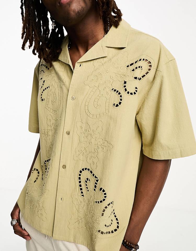 Reclaimed Vintage limited edition lace cut work short sleeve shirt in khaki